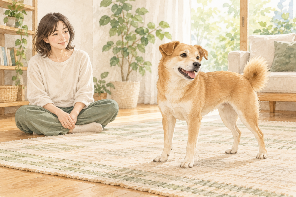 室内で自由に立つ犬と、少し離れて座り見守る人のイメージイラスト