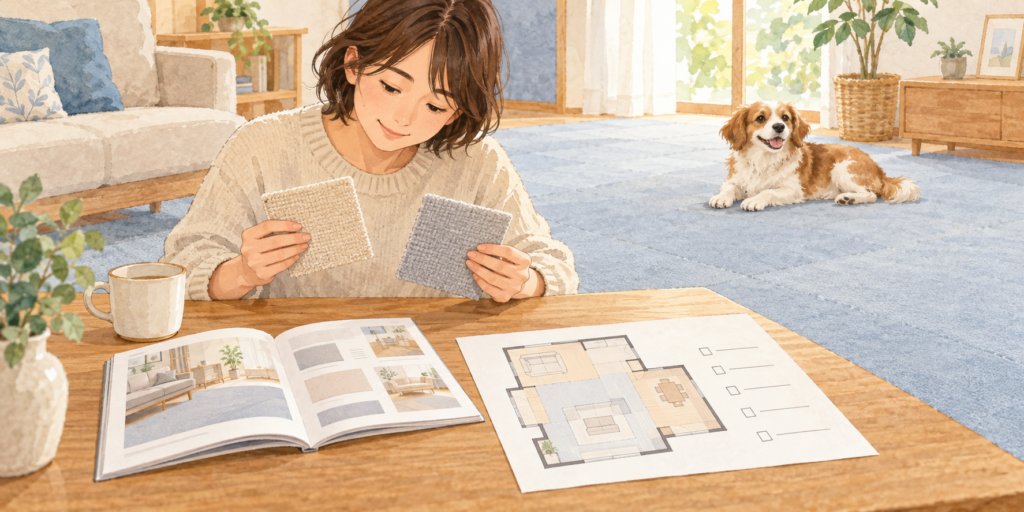 床の図と布見本を見比べる人と、敷物で休む犬のイラスト