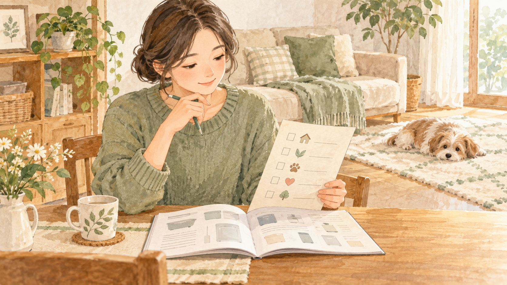 説明冊子とチェックリストを読む人と、ラグで休む犬のイラスト
