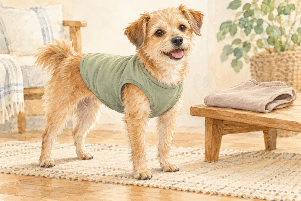 袖のない緑色の服を着て自然に立つ犬のイメージイラスト