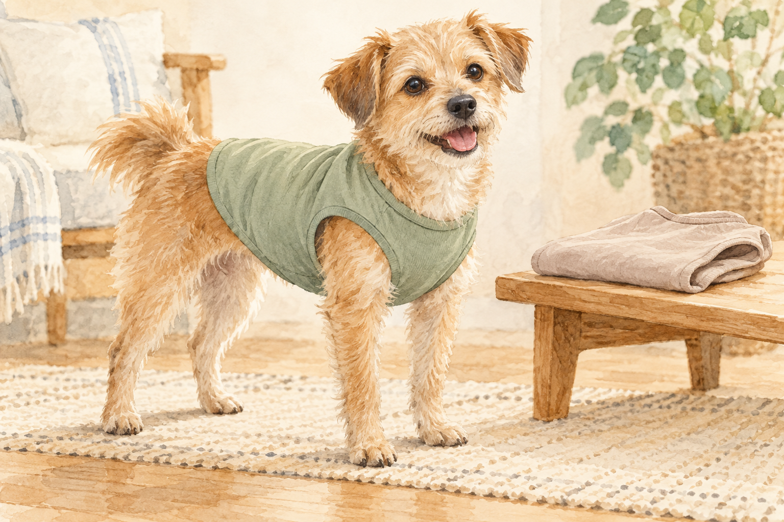 袖のない緑色の服を着て自然に立つ犬のイメージイラスト