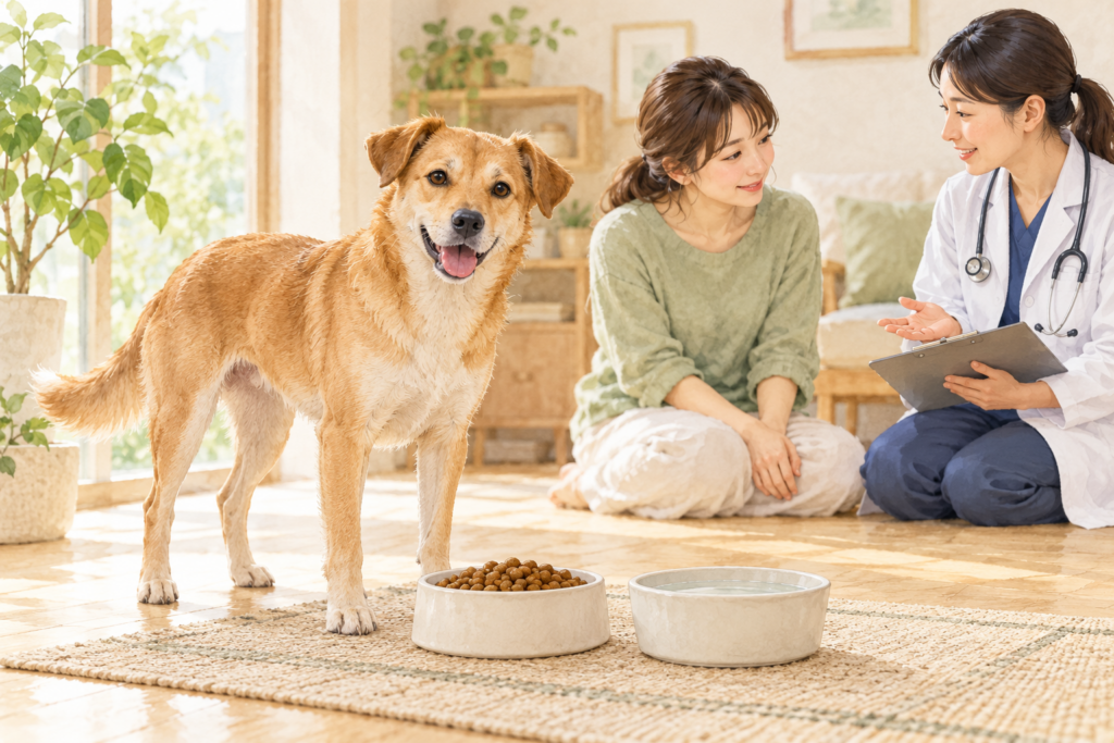 犬と食器のそばで食事について相談する場面を描いたイメージイラスト