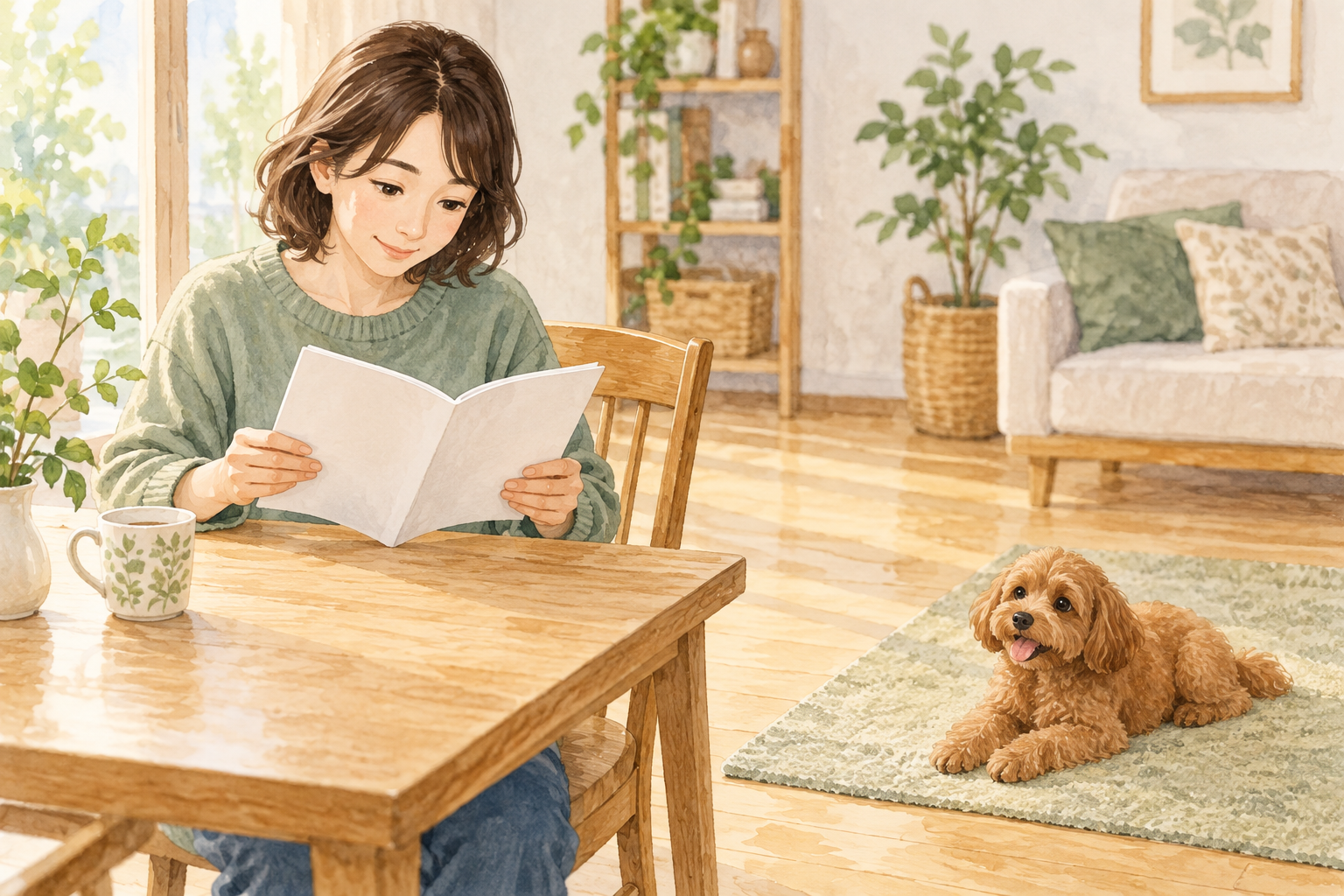 冊子を読む人と、離れたラグでくつろぐ犬のイメージイラスト