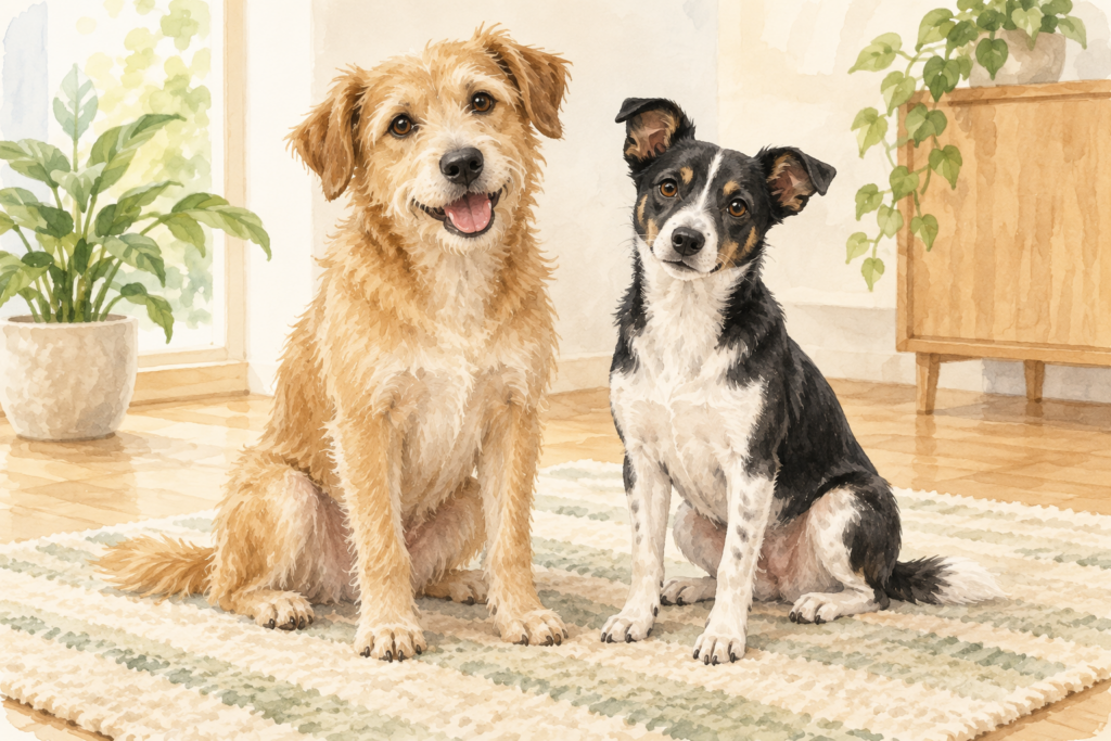 毛質や体格の異なる2頭の犬が並んで座るイメージイラスト