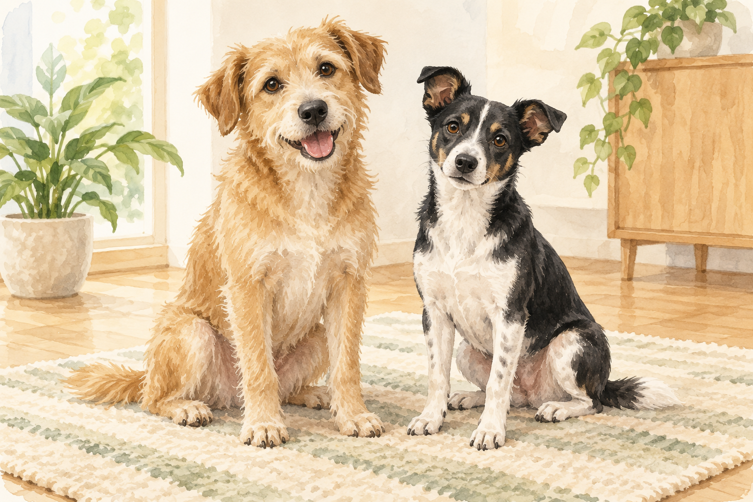 毛質や体格の異なる2頭の犬が並んで座るイメージイラスト